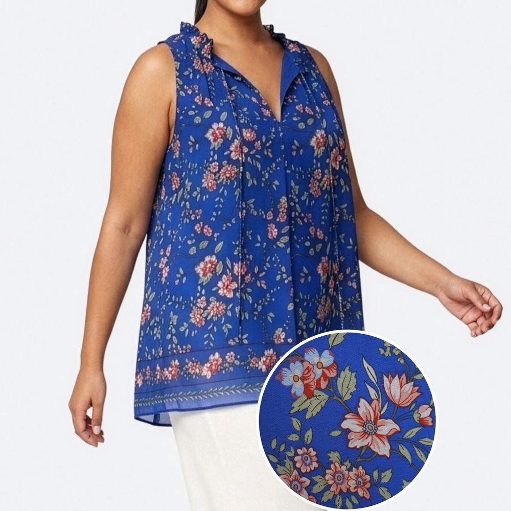 Max Studio Chiffon Floral Blue Top M L Sleeveless Tie Neck Blouse Garden Party